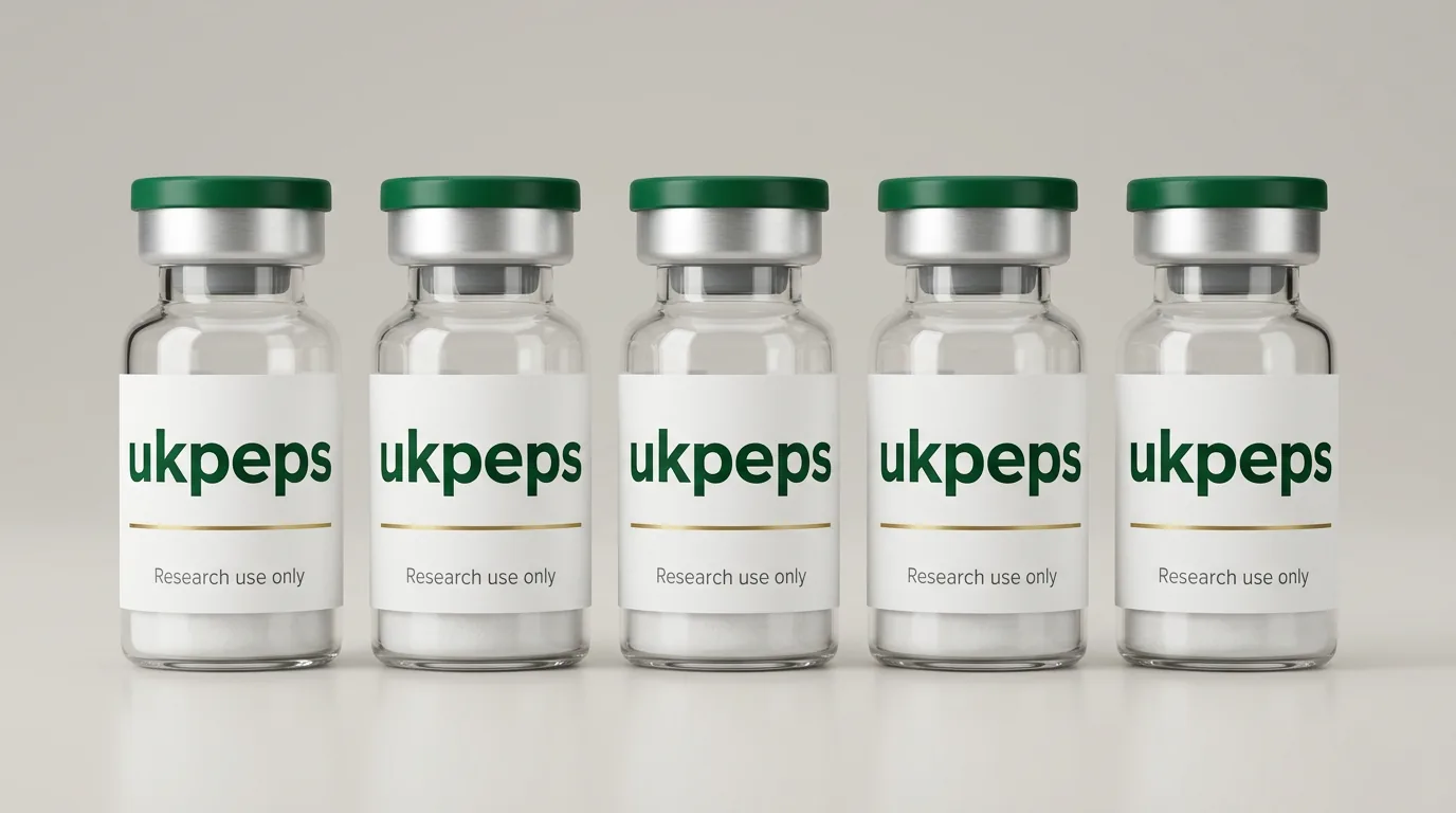 Five UKPeps research vials with racing-green caps in a row